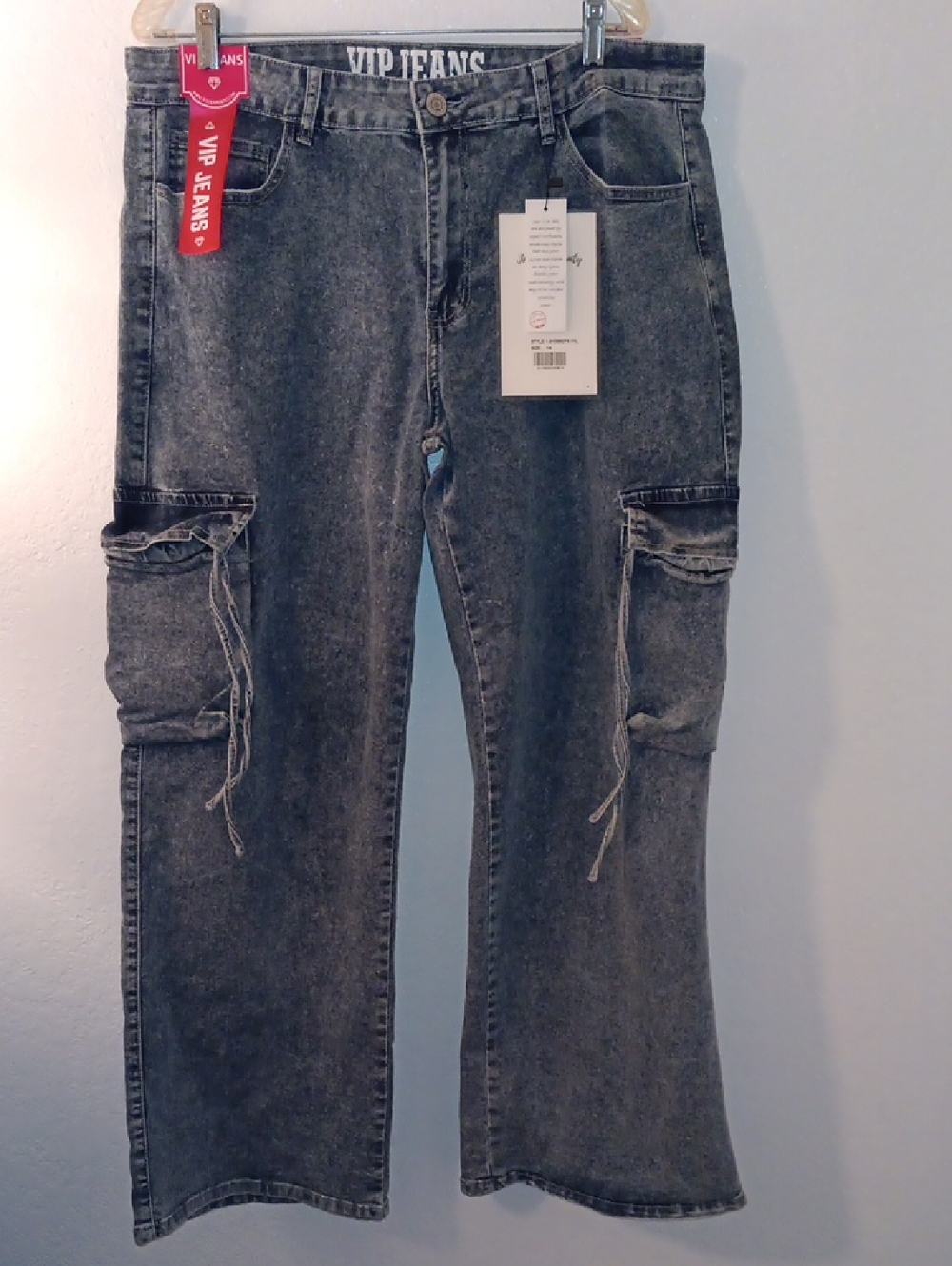VIP Women’s Blue Acid-Wash Wide Leg Cargo Jeans